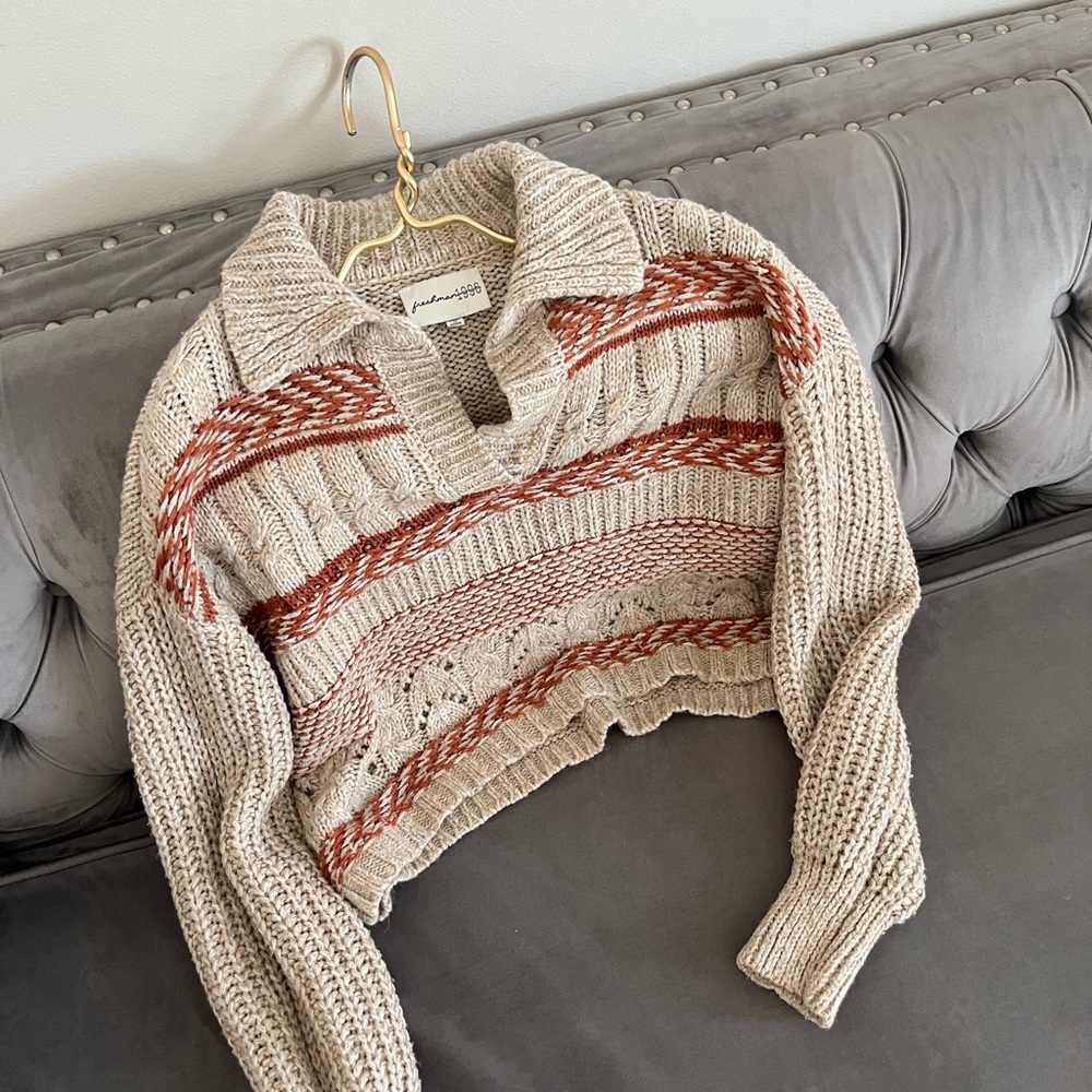 Freshman Beige and Rust Bohemian V-Neck Academy preppy cropped Sweater S - Picture 6 of 8